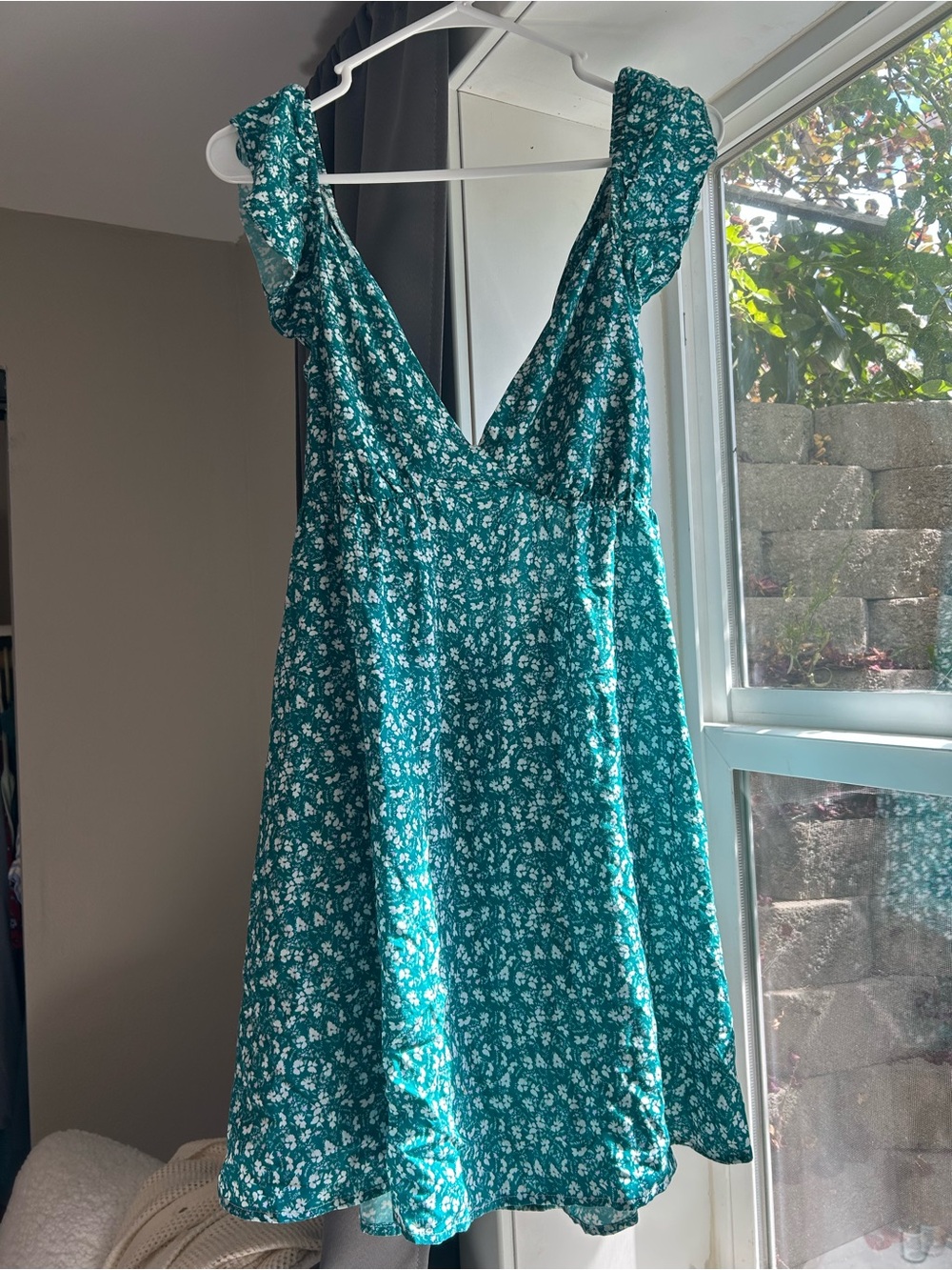 Floral Teal V-Neck Mini Dress with Tie back